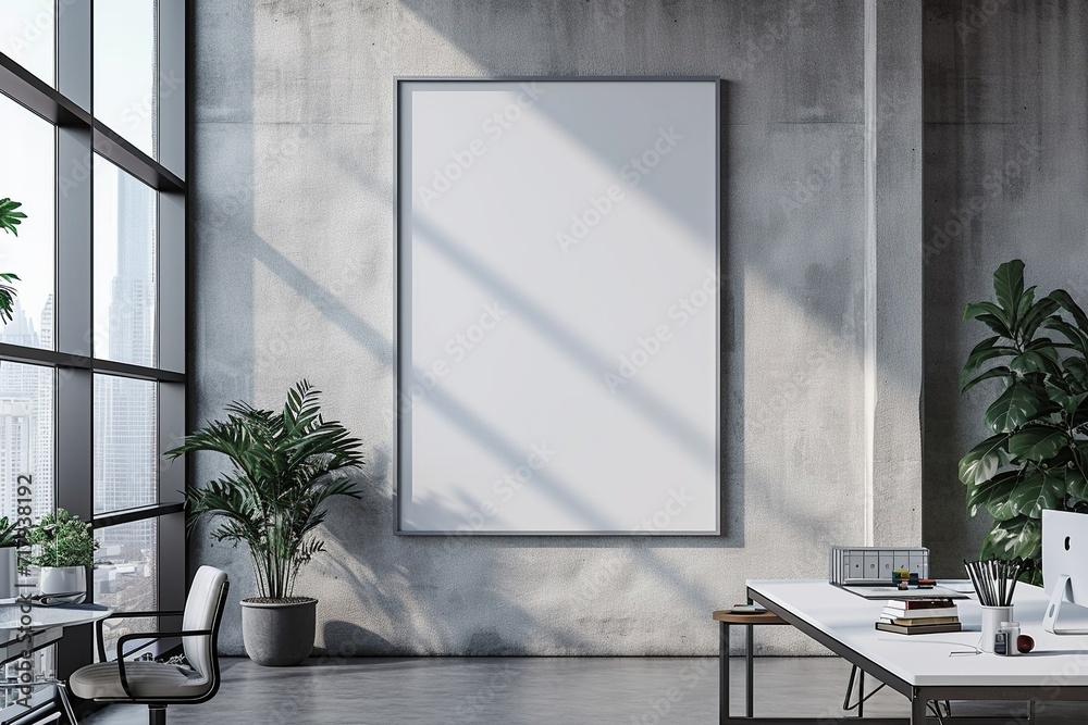 Minimalist Office Mockup Frame on Wall,Clean Workspace Mockup in Modern Office Minimalist Office Mockup Frame on Wall,Clean Workspace Mockup in Modern Office