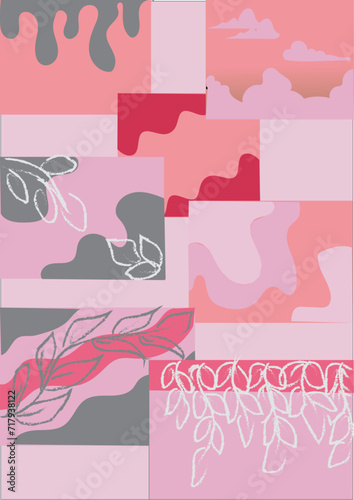 mixture of pink , different backgrounds, cloud , leaf .