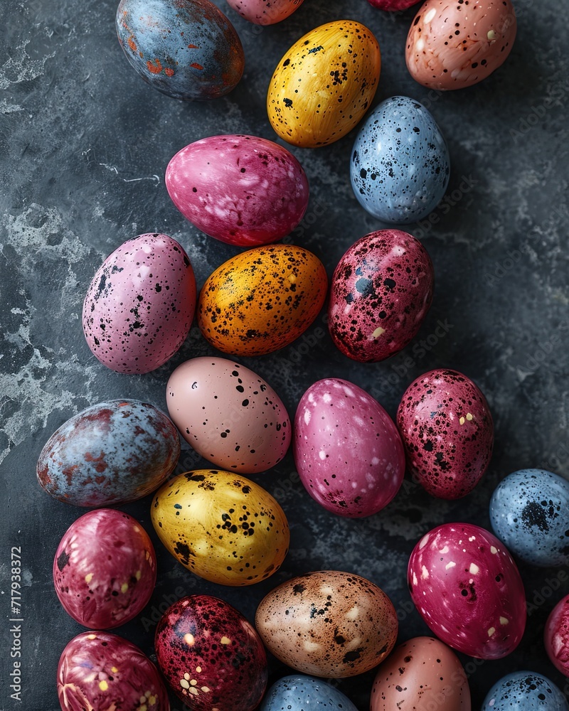 Clean and artistic composition of easter eggs on the flat and textile surface. Colors of easter concept.