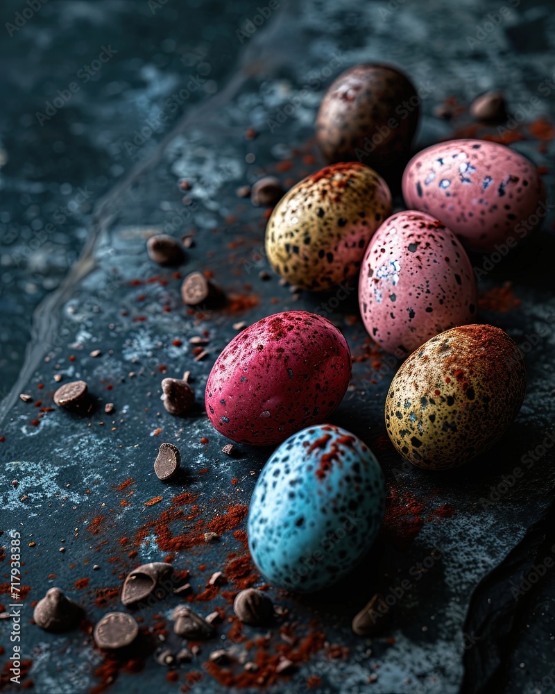 Obraz premium Clean and artistic composition of easter eggs on the flat and textile surface. Colors of easter concept.