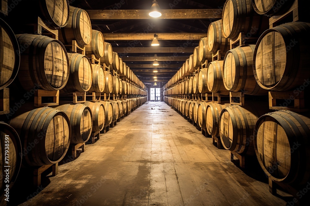 Cellar with wine barrels.