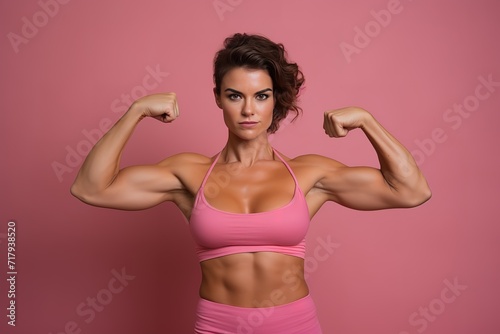 Muscular woman shows her arm muscles.