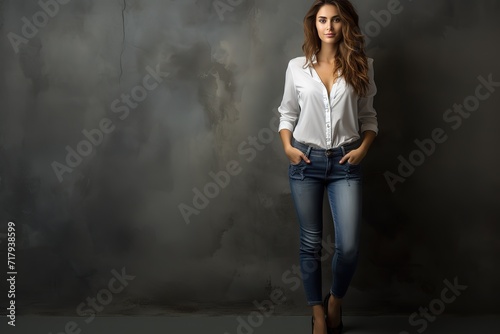 Young girl in jeans on a dark background.