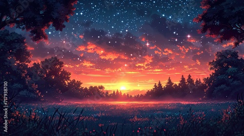 Night, sky, stars, cozy, atmosphere, illustration for a podcast, wallpaper, generative AI