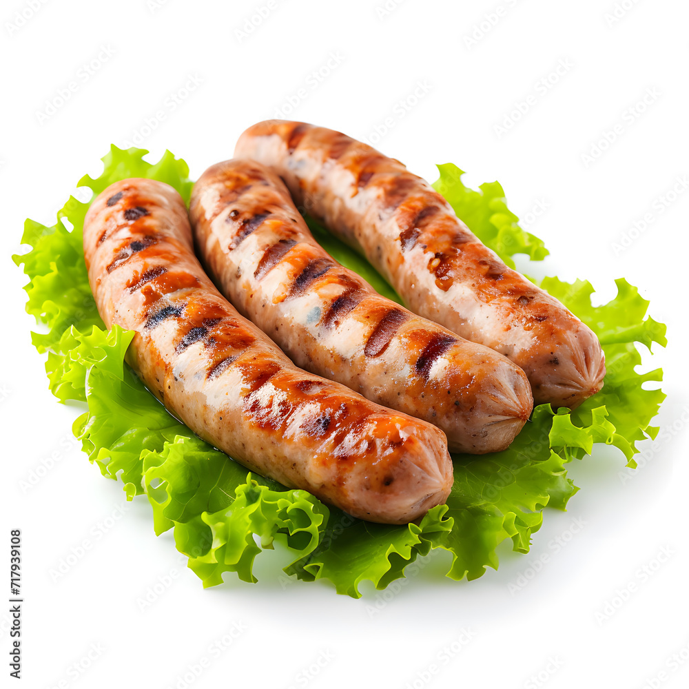 Grilled pork sausages with lettuce isolated on white Grilled pork sausages with lettuce isolated on white