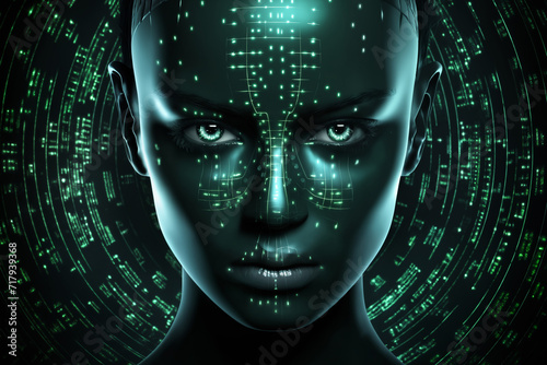 a woman portrait with a abstract holography pattern on dark background  sci-fi  cyber art