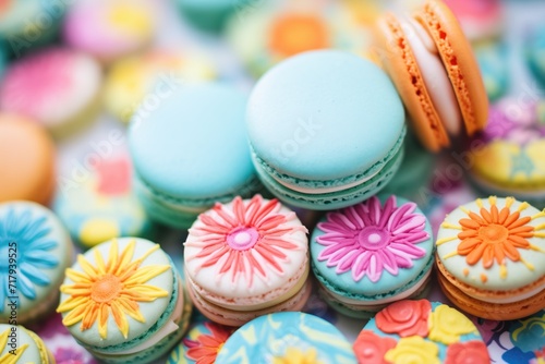 close-up of vibrant macarons with textured filling