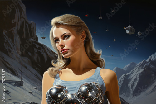 Portrait of a woman dressed in a fashionable silver jumpsuit, on an alien planet, desert and rocks, retro futuristic style