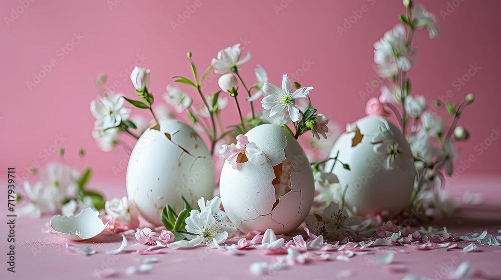 Beautiful natural flowers blooming from cracked eggs shelter. Life birth and start of something new concept. Eastern celebration.
