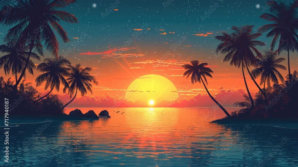 sunset on the beach, summer background Vector silhouette generative AI