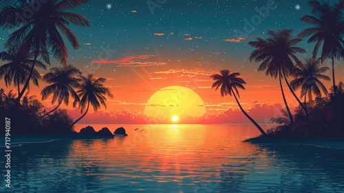 sunset on the beach  summer background Vector silhouette generative AI