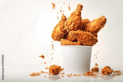 Fried chicken flying on paper bucket white background