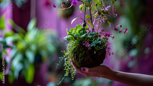 Purple background, Women's hands holding Kokedama with flowers, a traditional Japanese botanical practice. Generative AI photo