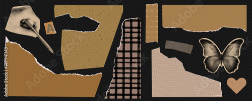 A set of trendy elements for collage. Vector torn retro brown texture paper. Scotch tape and halftone butterfly with pen hand. Writing. Vector illustration, isolated on transparent png background.