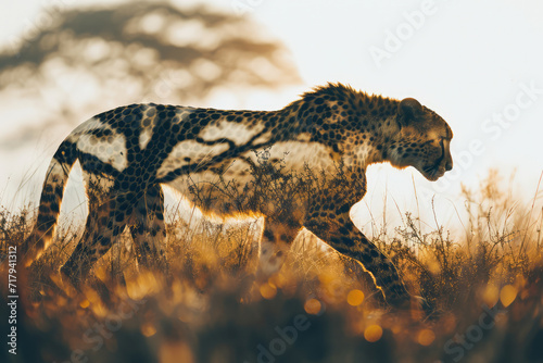 Creative photo of cheetah with double exposure of African savanna in silhouette, safari adventure concept.