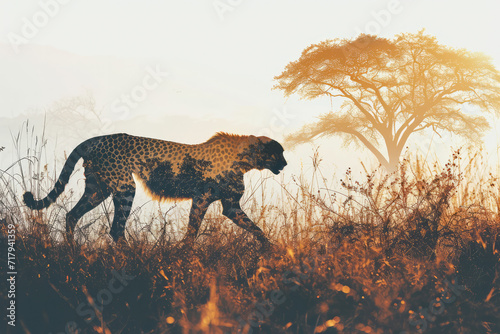 Creative photo of cheetah with double exposure of African savanna in silhouette, safari adventure concept. © wildarun