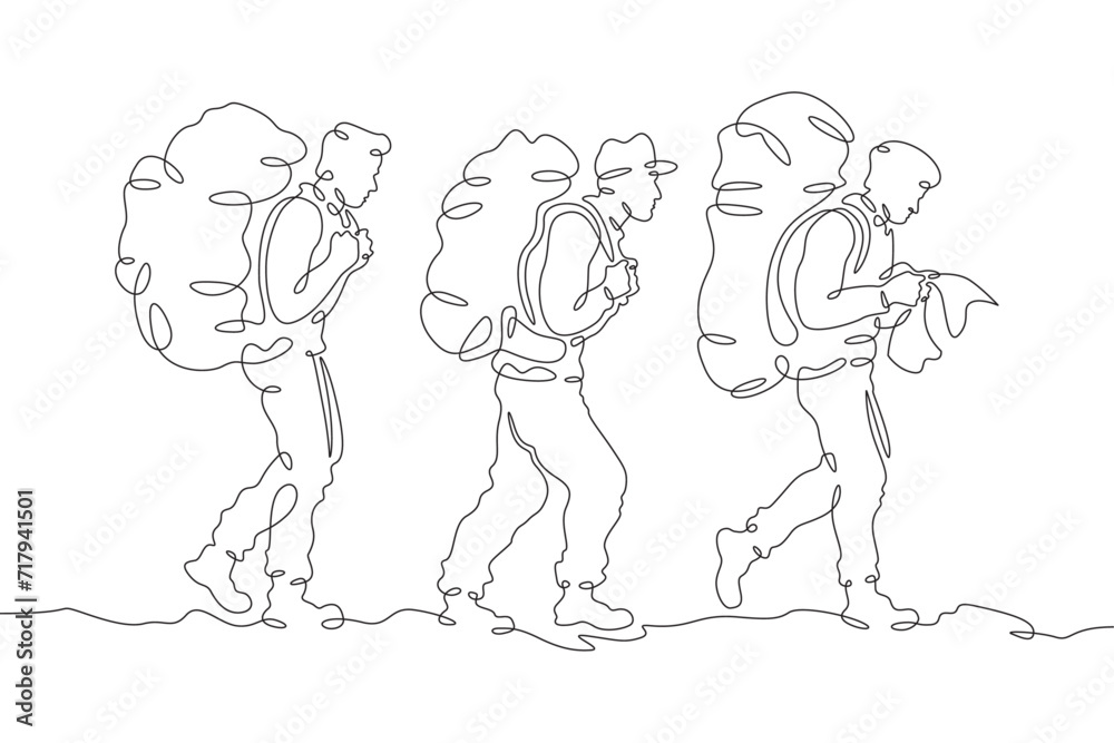 A group of tourists hiking. Travelers with big backpacks. Summer walking in nature. One continuous line drawing. Linear. Hand drawn, white background. One line