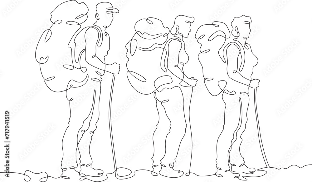 A group of tourists hiking. Travelers with big backpacks. Summer walking in nature. One continuous line drawing. Linear. Hand drawn, white background. One line