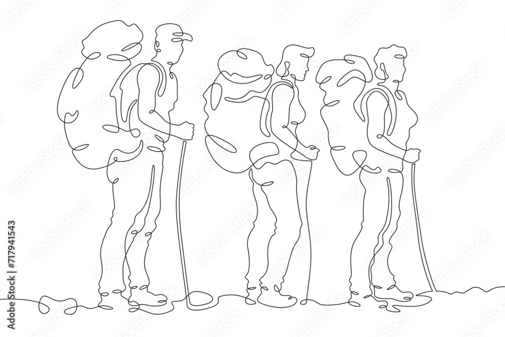 A group of tourists hiking. Travelers with big backpacks. Summer walking in nature. One continuous line drawing. Linear. Hand drawn, white background. One line