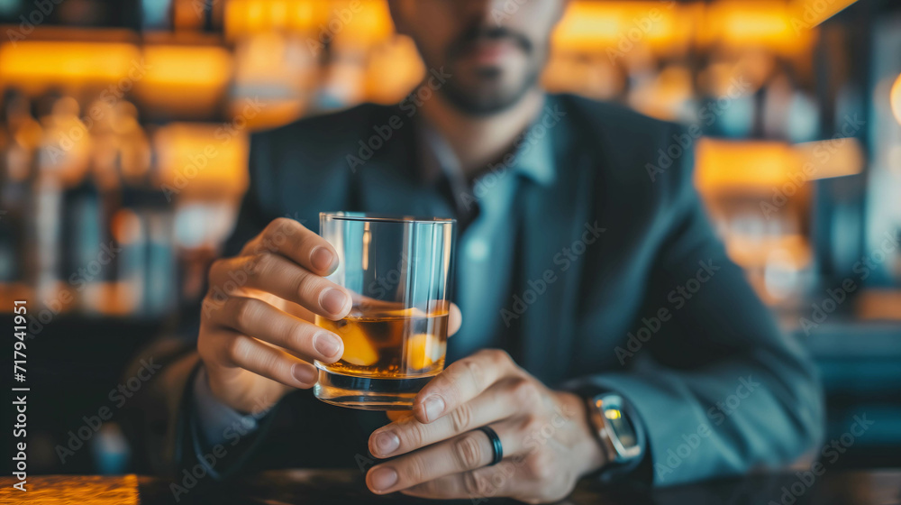 businessman or investor drinking alcohol to reduce stress in relax mood in the bar