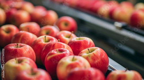 Red apples on the production line or conveyor belt are screened for quality before being put into packaging photo