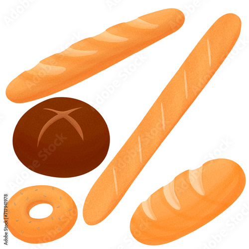 Bread sorts and bakery elements set. Vector sketch of rye bread, ciabatta, wheat bread, muffin, bun, bagel, sliced bread, french baguette, croissant, pretzel