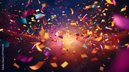 A festive and colorful party with flying neon confetti on a golden background