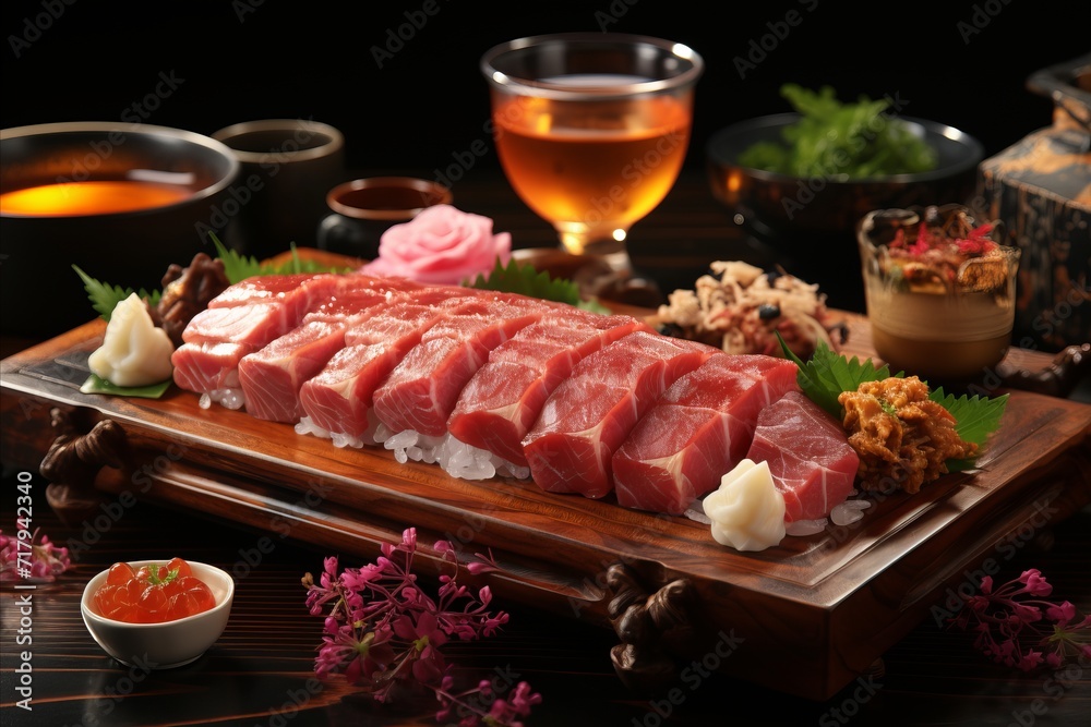 Japanese sushi and traditional national dishes displayed on a rustic wooden table