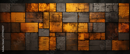 abstract image of tiles bordered brick with gold and black, graphic design poster art, dark yellow and light orange, textured canvas, textured canvases,