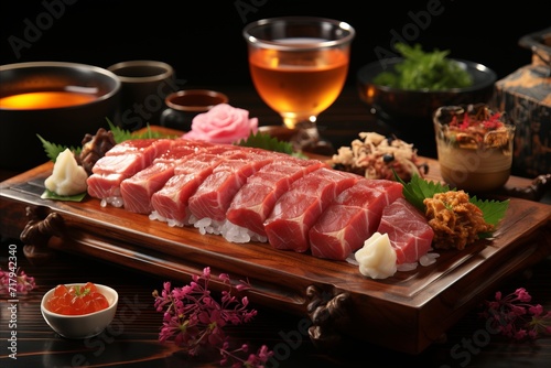 Japanese sushi and traditional national dishes displayed on a rustic wooden table