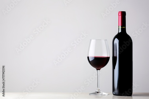 Bottle and glass of red wine on a white background.