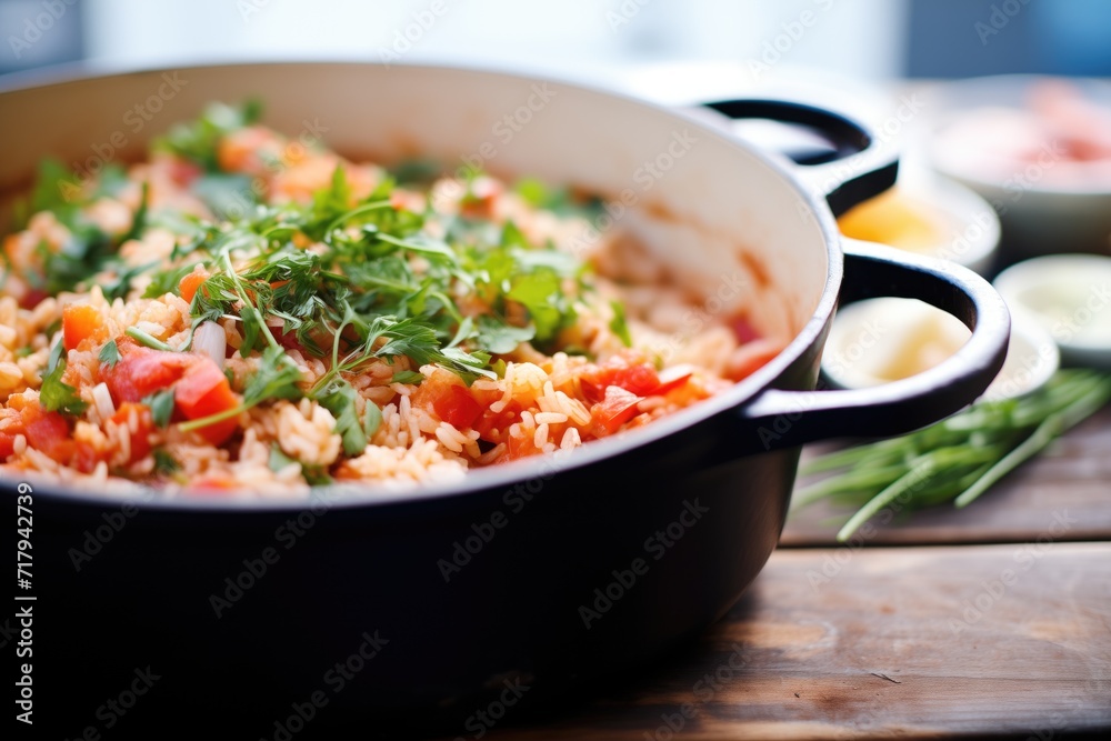 bright red tomato chunks mixed into steaming mexican rice bright red tomato chunks mixed into steaming mexican rice