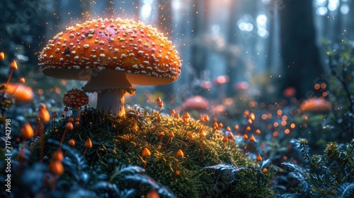 fly mushroom in the forest, mushrooms in the forest, A Magical Mushroom fantasy Wonderland generative AI