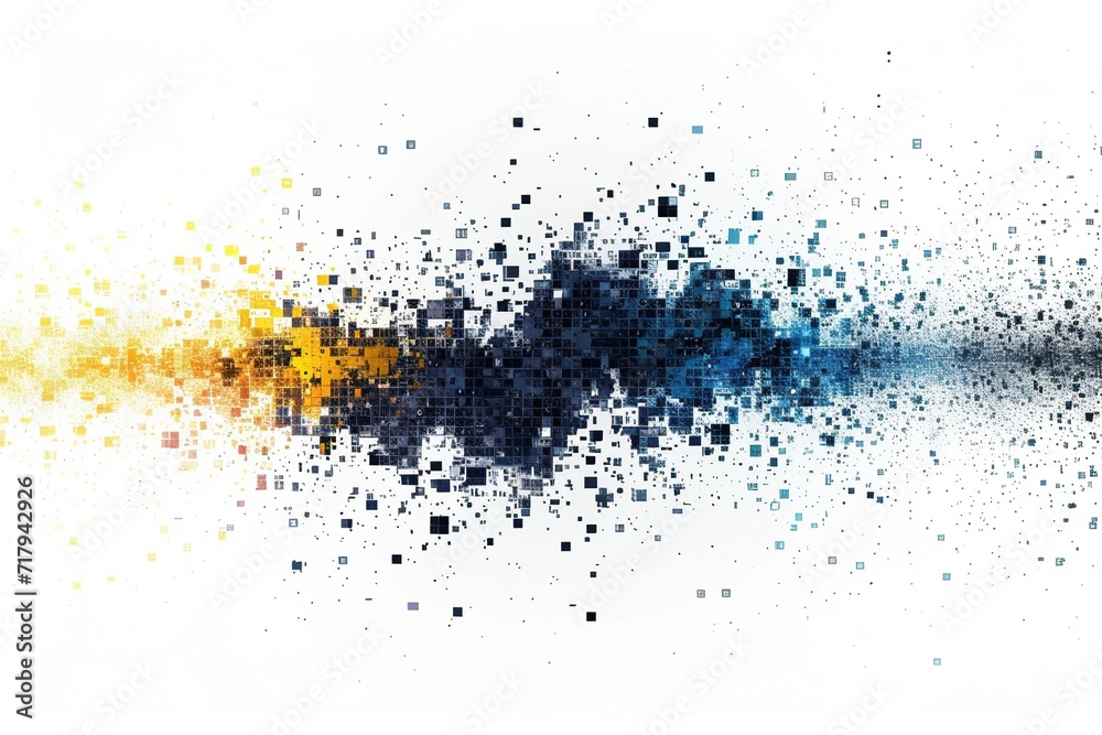 Engage your audience with the energetic combination of blue and yellow exploding pixels in a vector design, set against a clean white background, perfect for a simple shapes poster or web banner