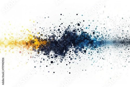 Engage your audience with the energetic combination of blue and yellow exploding pixels in a vector design  set against a clean white background  perfect for a simple shapes poster or web banner