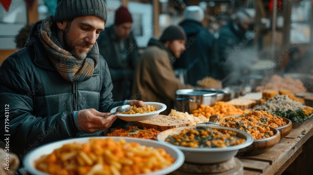 Canteen for the homeless. Concept of helping people with disabilities, charity. Homeless people serve food from trays. Canteen for the homeless. Concept of helping people with disabilities, charity. Homeless people serve food from trays.