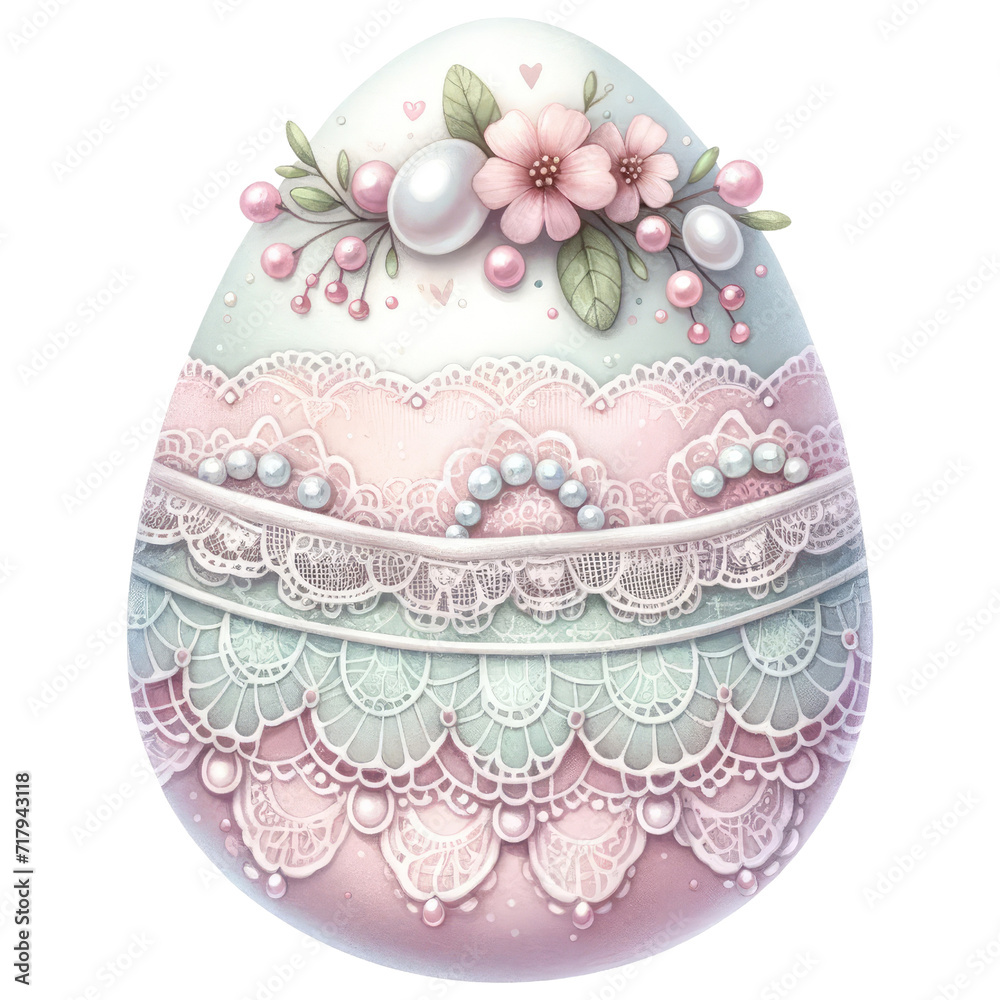 Easter egg adorned with lace and pearls in pink and mint green color Easter egg adorned with lace and pearls in pink and mint green color