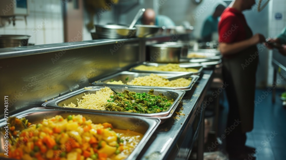 Obraz premium Canteen for the homeless. Concept of helping people with disabilities, charity. Homeless people serve food from trays.