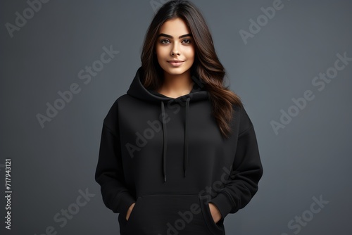 Girl dressed in a black oversized hoodie.