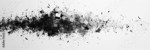 "Exploding Pixels" unfolds with precision in black and grey against a pristine white backdrop, utilizing simple shapes to craft an elegant and adaptable design for wallpaper, posters, banners