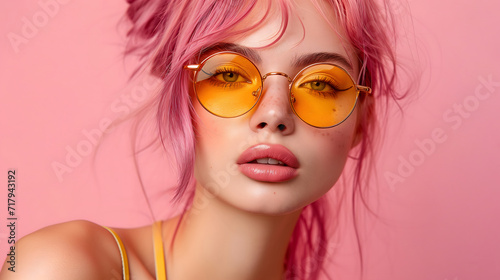 Beautiful cheerful caucasian generation z girl with pink hair in yellow sunglasses on isolated pastel pink background. Hairstyle or make-up fashion portrait. Vogue concept.