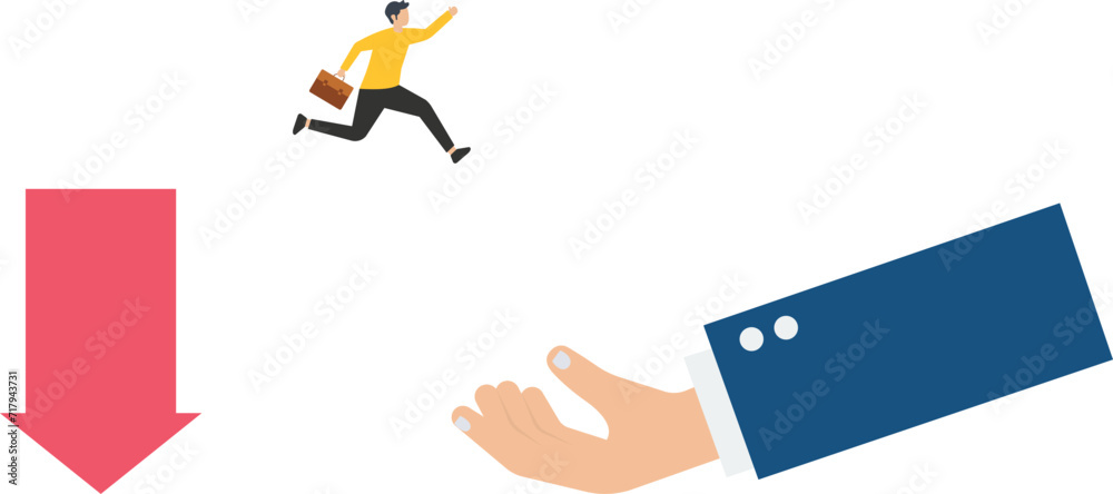 Huge helping hand rescuing business person falling from downward arrow
Huge helping hand rescuing business person falling from downward arrow