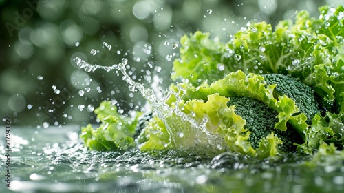 Vegetable poster, leafy greens, splash of water, solid color background, light colour,