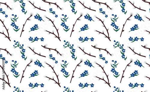Seamless pattern with spring flowers. Blue flowers and willow branches