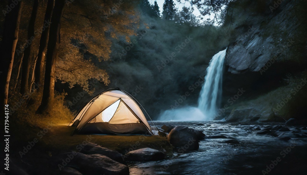 Fototapeta premium Misty Oasis: Tent by the Falls, an Outdoor Sanctuary Where Serenity Meets Adventure in the Embrace of Nature's Beauty. Generative AI.