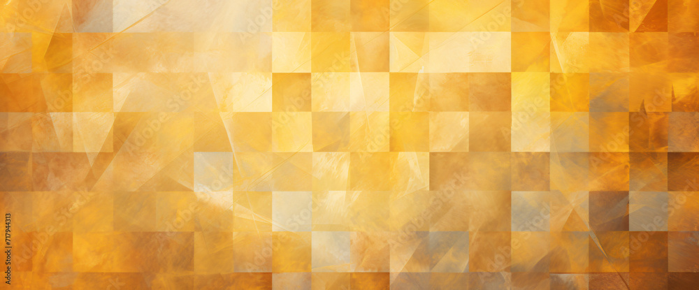 golden geometric abstract background, in the style of altered and substituted canvases, smokey background, layered stencil work, vibrant color blocks, canvas texture emphasis, lightbox