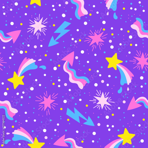 Hand drawn vector seamless pattern of neon stars and meteorites on night sky. Stylized other space in neon pink and purple colors on a purple background