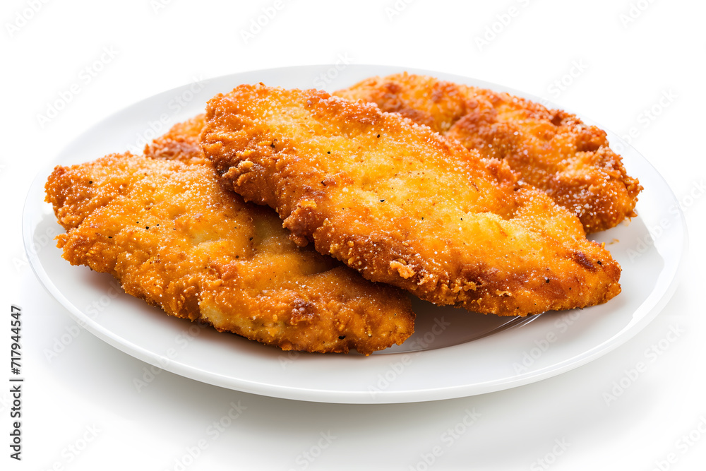 Homemade breaded chicken schnitzel top view isolated on white background Homemade breaded chicken schnitzel top view isolated on white background