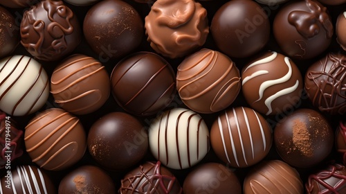 Assorted chocolate pralines seen from above.