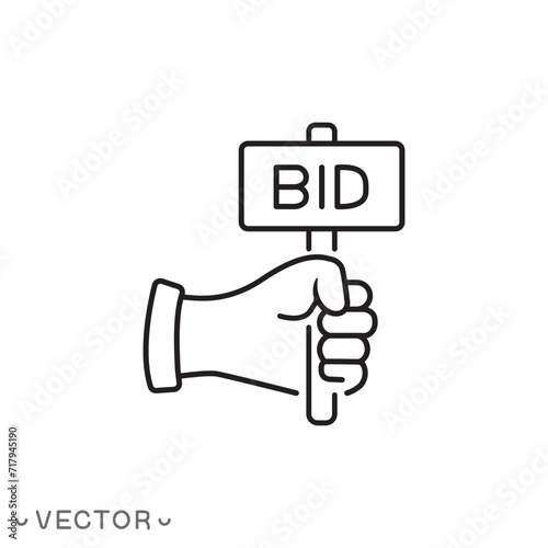 bid icon, auction, hand holding offer price, financial suggestion paddle, commercial market, bidding concept, thin line symbol isolated on white background, editable stroke eps 10 vector illustration